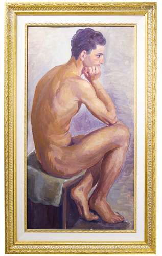 Italian painter of the XX Century. Nude of a man. 70X40, Oil on cardboard. Dated and signed on the