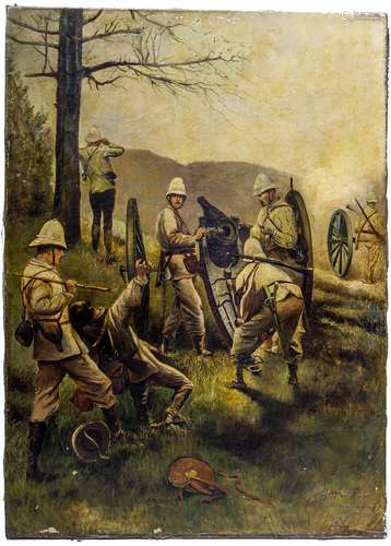 European painter from the early 20th century. Artillery soldiers. 93cm x 65cm, oil paint on