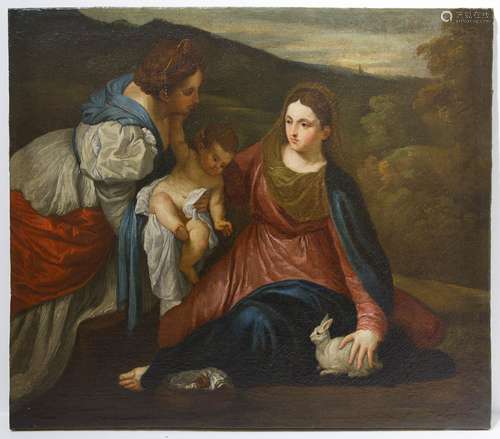 Italian painter from the 17th century. Virgin Mary and rabbit, form Tiziano Vecellio. 63,5cm x 77cm,