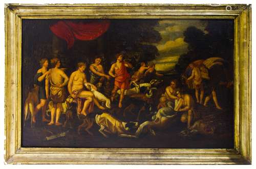 Italian painter from the 17th century. Diana, the nymphs and Actaeon turned into a deer and killed