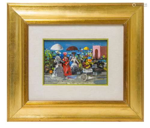 Jean Calogero (Catania 1922 – Catania 2001). Women with umbrellas. 15cm x 20cm, Oil paint on