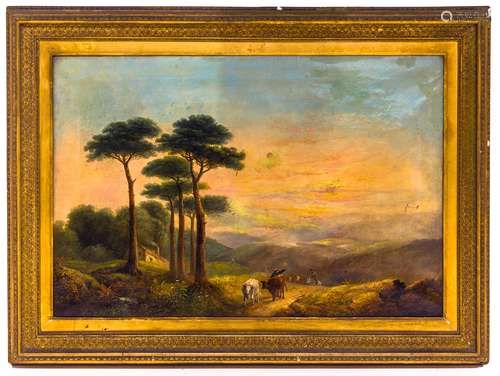 English painter from the 19th century. Landscape with people and herds. 61cm x 91cm, oil on canvas