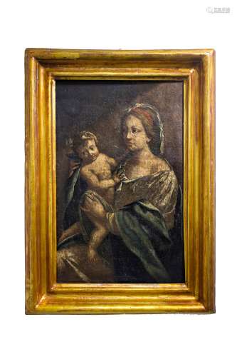 Italian painter from the 18th/19th century . Virgin Mary with child. 60x39, Oil paint on canvas