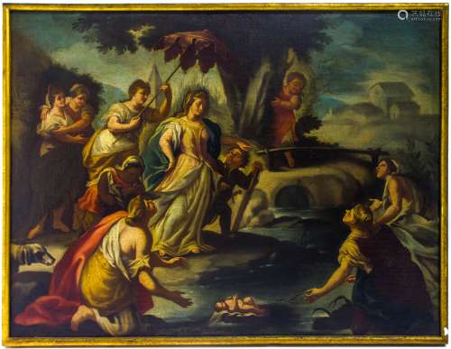 Italian painter from the 18th century. Finding of Moses. 74cm x 100cm, oil paint on canvas.
