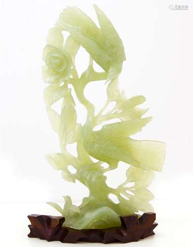 Statuette of light green jade with with wooden base. Two birds. H 28 Base Cm 16.