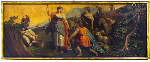 Italian painter form the 18th century. Biblical scene. 38cm x 102cm, oil paint on canvas.