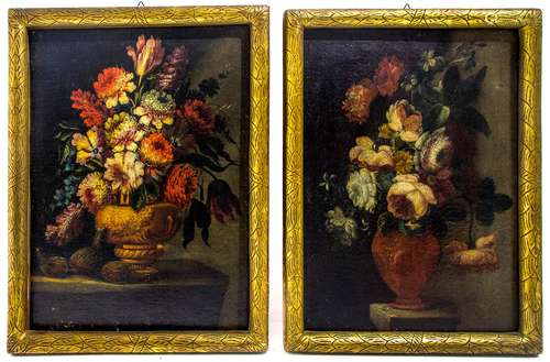 Flemish painter from the 17th century. Pair of flowers still life. 47,5x35,5, oil paint on canvas