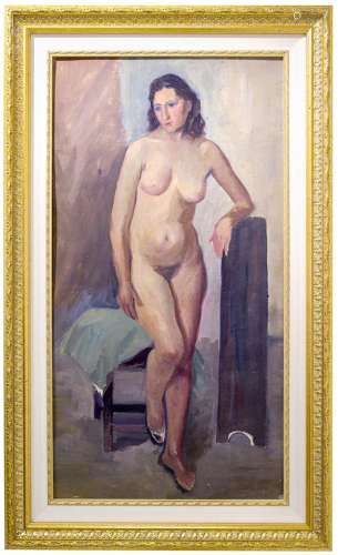 Italian painter of the XX Century. Nude of a woman. 70x40, Oil paint on pressed cardboard. Dated and