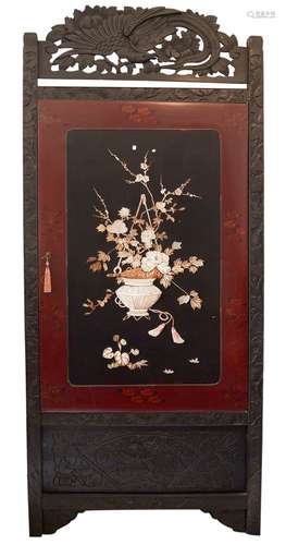 Corner cupboard. Door decorated with big flower basket with ivory and pearl details. China, 20th