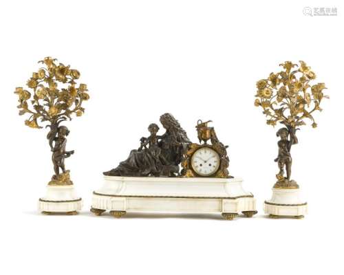 A gilt-bronze and marble figural clock and garniture