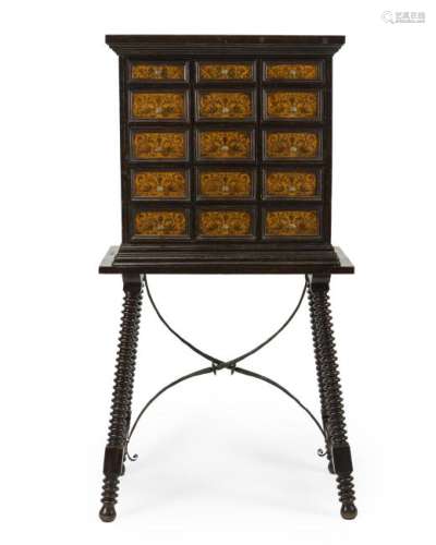 A Spanish-style seaweed-inlaid vargueno on stand
