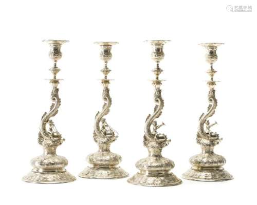 Four Hanau .800 silver candlesticks