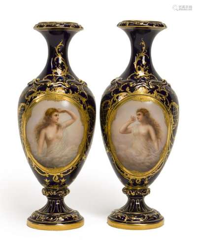 A pair of Royal Vienna-style hand-painted cabinet vases