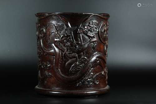 A Chinese Carved Agar-Wood Brush Pot