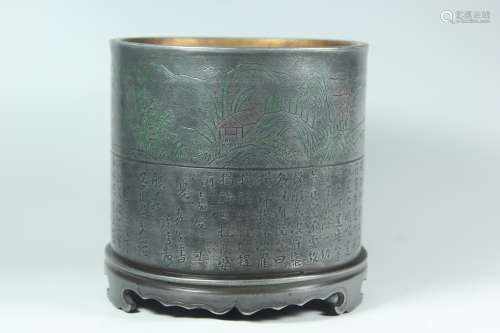 A Chinese Carved Tin Brush Pot