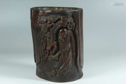 A Chinese Carved Agar-Wood Brush Pot