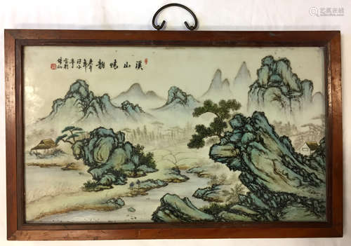 Chinese famille rose porcelain panel with wood frame.