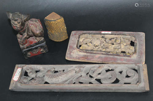 A group of 4 Chinese carved wood decorative items.