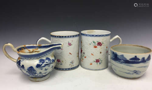 Chinese export porcelain mugs, creamer and bowl.