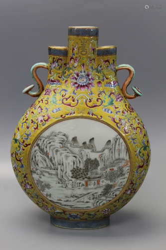 Chinese famille rose three-spout porcelain vase.