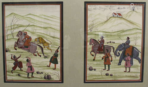 Two Indian painting on silk, framed, hunting scene.