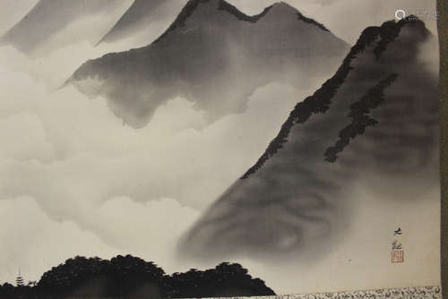 Japanese ink painting on silk scroll, depicting the