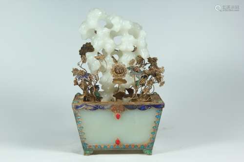 A Chinese Carved Jade Planter with Gilt Silver Inlaided