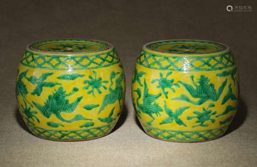 A Pair of Chinese Yellow Ground Green Glazed Porcelain Jars with Cover