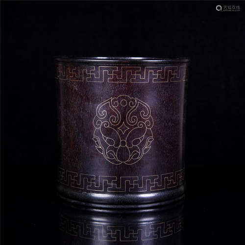 A Chinese Carved Silver-Inlaid Zitan Brush Pot