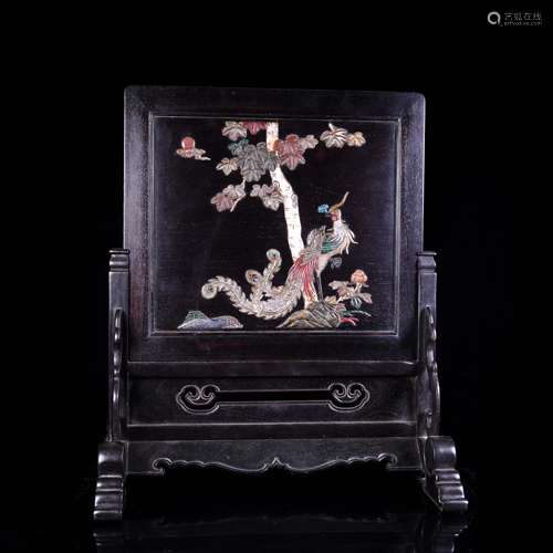 A Chinese Carved Hardstone-Inlaid Zitan Screen