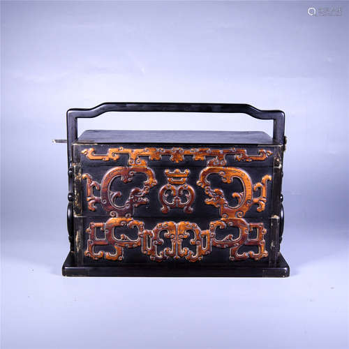 A Chinese Carved Boxwood-Inlaid Zitan Box with Cover and Handle