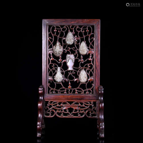 A Chinese Carved Jade-Inlaid Rosewood Screen