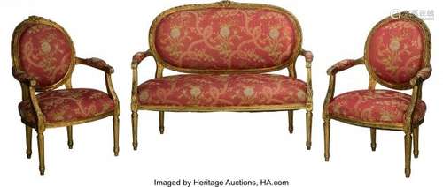 A Three-Piece Louis XVI-Style Giltwood and Uphol