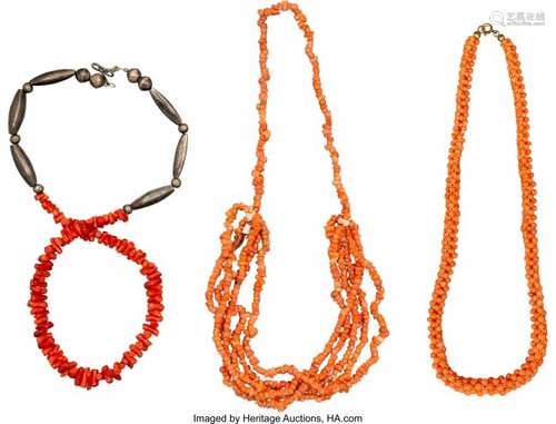 A Group of Three Chinese Coral Beaded Strands, 2