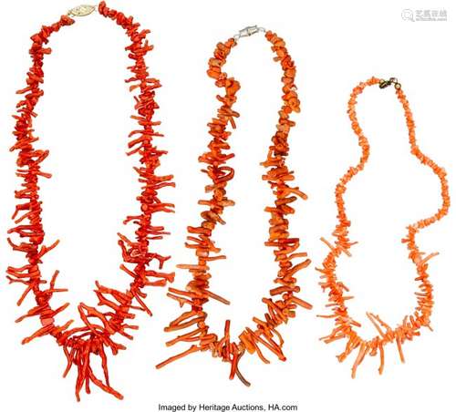 A Group of Three Chinese Coral Necklaces, 20th c