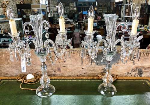 A pair of vintage English crystal hung clear glass table garnitures, with twin scroll arm centred by