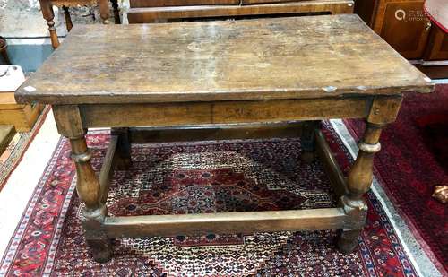 A 17th century and later oak side table, the single plank top over a joint frame