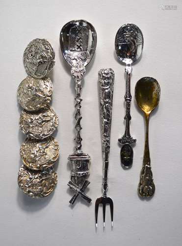 A set of five Victorian silver button, three Continental spoons and a pickle fork