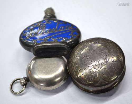 A French engraved silver rouge pot and cover and other items