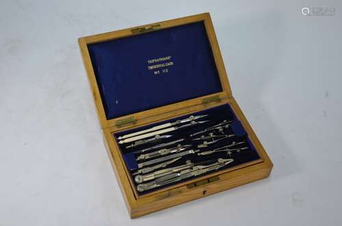 An oak cased set of drawing instruments - The 'Rathbone' Technical Case no 112 (Note - 3 instruments