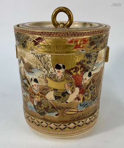 A Japanese earthenware Satsuma cylindrical pot and cover