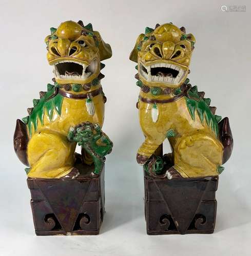 A pair of Chinese porcelain sancai glazed lion dogs