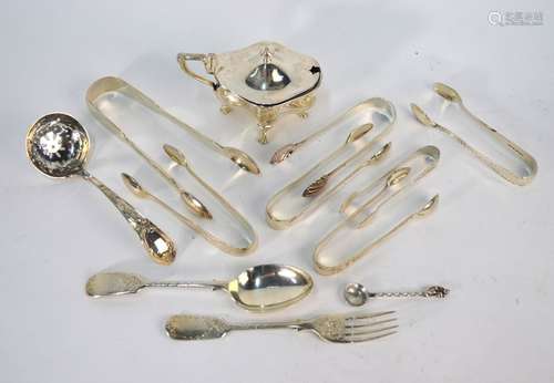 Edwardian silver mustard with blue glass liner and silver flatware etc.