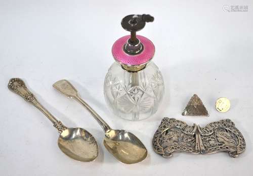 Silver and pink basse-taille enamel-topped cut glass scent bottle etc.