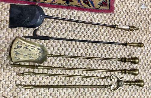 Assorted 19th century polished steel and brass fire tools