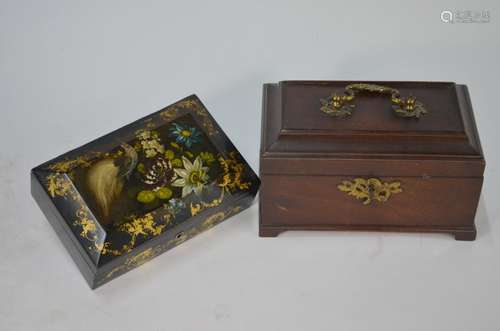 A Chippendale period mahogany tea caddy, boxes and sewing accessories