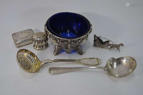 Pair of open salts and silver flatware