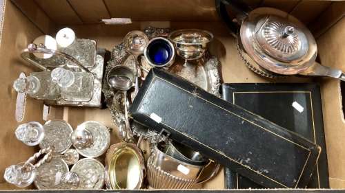 Two electroplated cruet stands, salver etc.