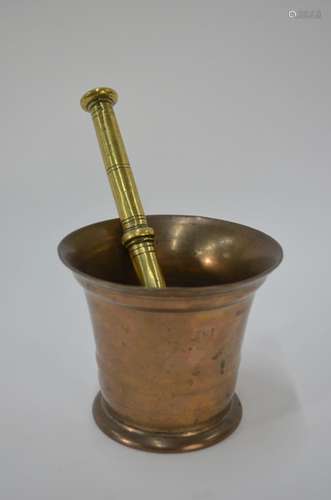 An 18th century bell-metal mortar, with brass pestle