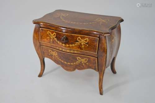 A Continental stained wood and penwork two-drawer miniature commode